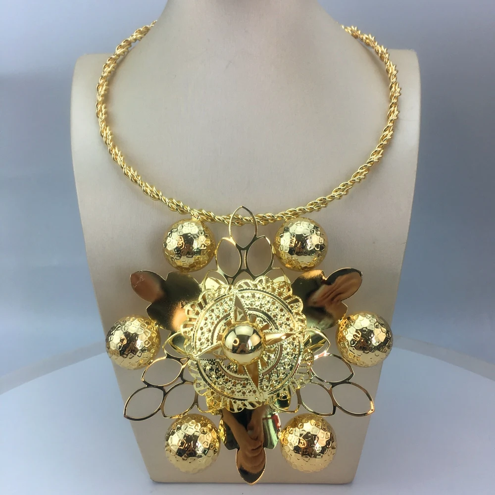 New Trendy Women Jewelry Set Brazilian Gold-Plated African Wedding Bridal Big Flower Pendant Necklace Gifts FHK18841