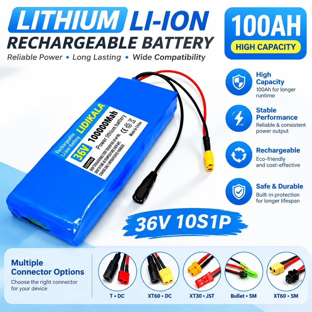 36V 100Ah 10S1P Wiederaufladbarer Lithium-Ionen-Akku, integrierter BMS-Schutz, mehrere Anschlüsse XT60/XT30/DC, für Elektroroller, E-Bikes, Stromversorgungsgeräte