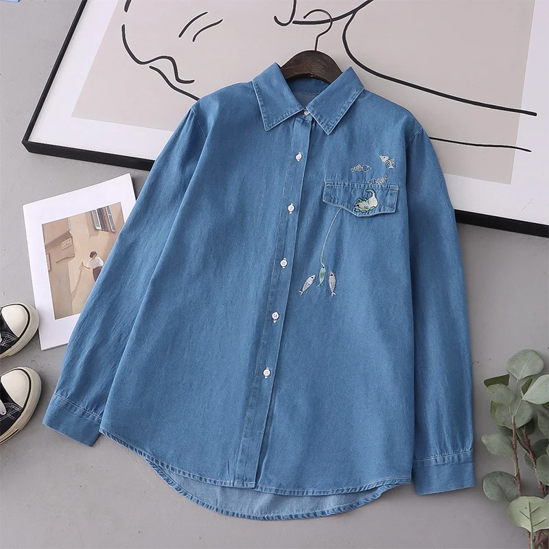 

2023 Spring Long Sleeve Denim Shirt Blouse Women Embroideried Design Soft Blue Lady Tops Female Clothes