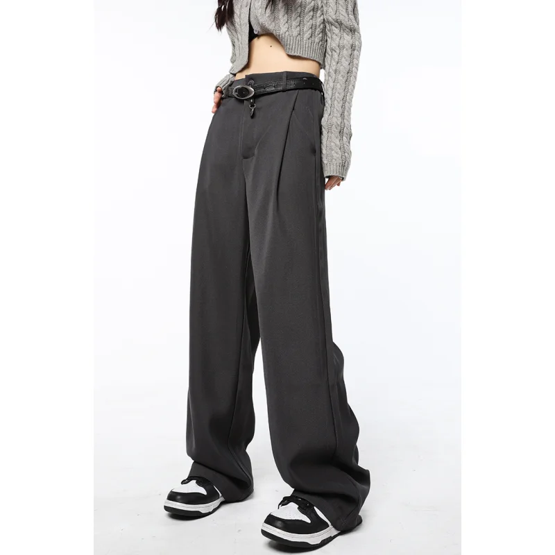 Grey Womens Suit Pants High Waist Vintage Straight Baggy Pants American Streetwear Style Fashion New Loose Wide Leg Trouser