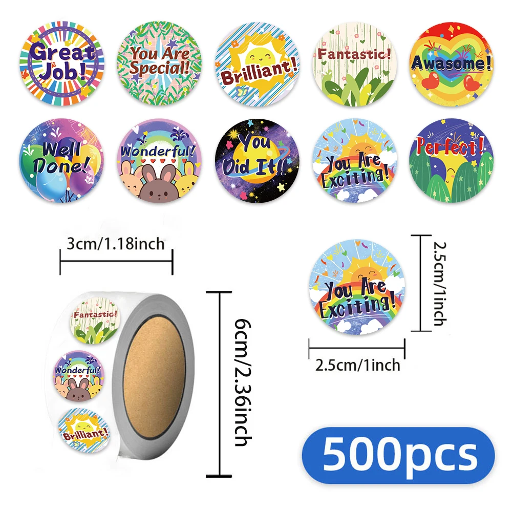 500PCS Cartoon Encouragement Circular Graffiti Roll Stickers Series DIY Phone Case Laptop Water Cup Reward Stickers