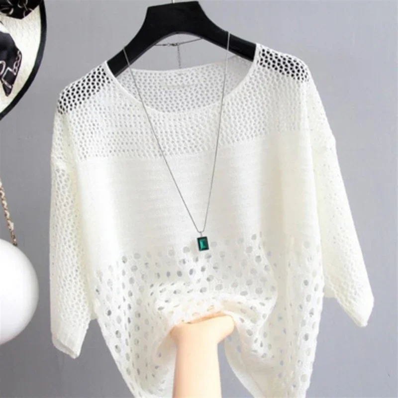 Spring and summer new ice silk knitted vest top hollow thin bottoming suspender street women's white shirt image 2