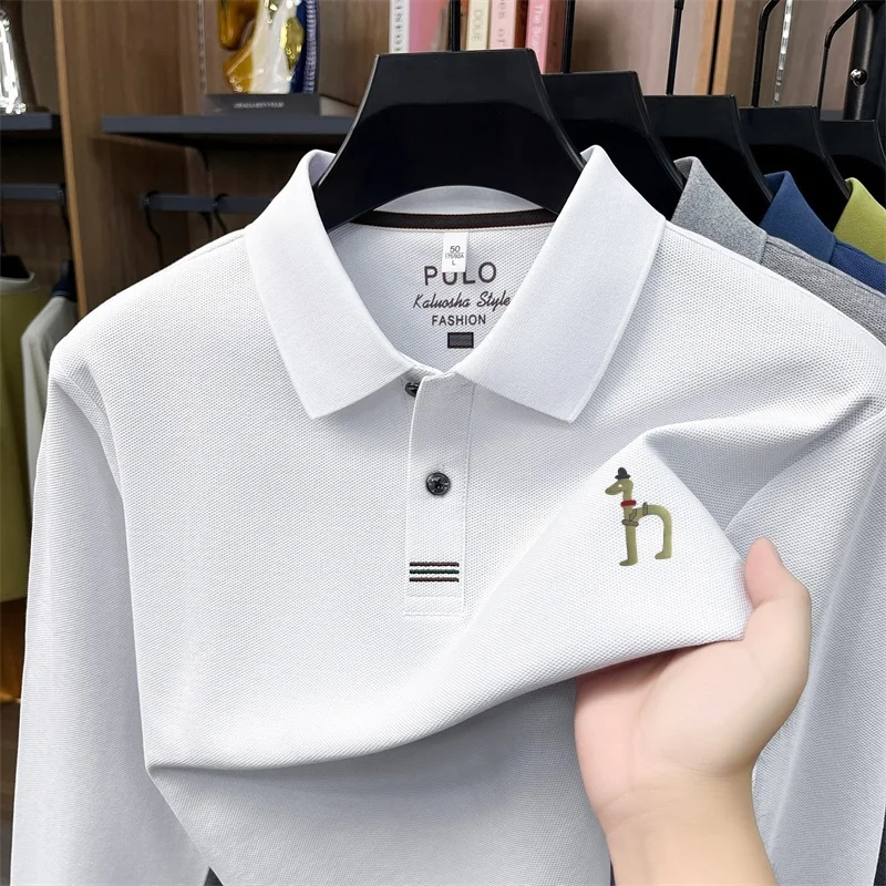 Luxus-Marken-Poloshirt für Herren aus 100% Weicher Baumwolle, Herbst-Neuheit, Einfarbig Bedruckt, Langarm, Revers-T-Shirt, Lässige Business-Herrenbekleidung – Detail 5