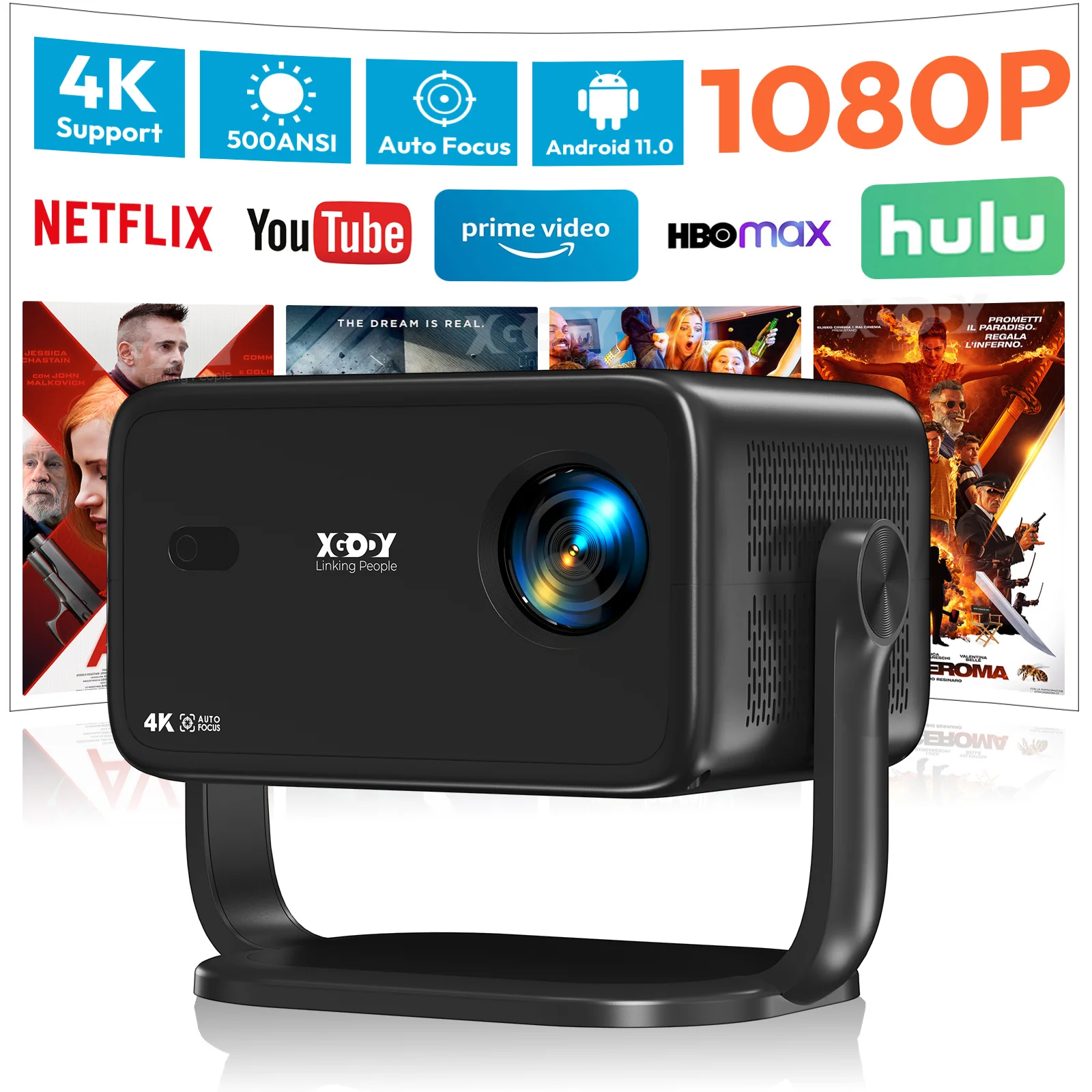 XGODY Gimbal A6 Home Projector, 500 ANSI Lumens, Android 11, Native 1080P LCD Projector, Auto Keystone Correction, WiFi6 & BT 5.2, Airplay Miracast Screen Casting, 40-120 Inch Display for Bedroom & Backyard
