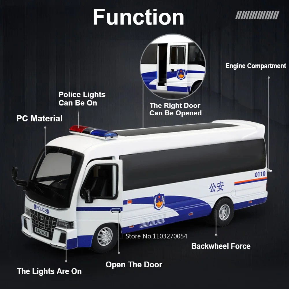 COASTER-Liga De Carros De Polícia Com Portas, 1:32, Modo Diecast, Som Aberto, Luz, Puxar Para Trás, Pneu De Borracha, Carro Enfeites Presente, PV
