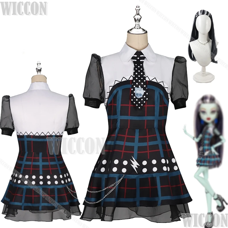 

Halloween Frankii Cosplay Wig Monster Zombie Anime Cosplay Dress Blue Plaid Women School Uniforms Girls Gothic Navidad Carnaval