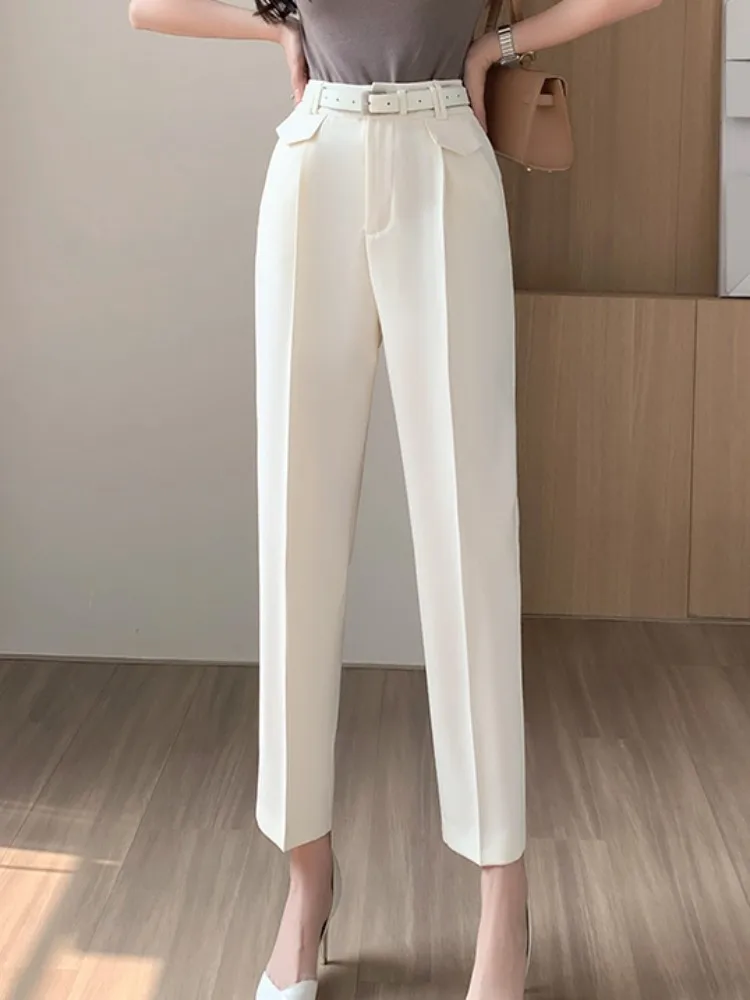 

High Waist Korean Women's Suit Harem Pants with Belted 2023 New Spring Summer Casual Straight Office Ankle Length Trousers