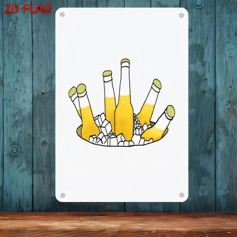 2D Flag, Crown-Shaped Beer Bottles in Ice Bucket Metal Tin Sign - Cartoon Retro Wall Art, Yellow/White, Iron, Perfect for Bar/Ho