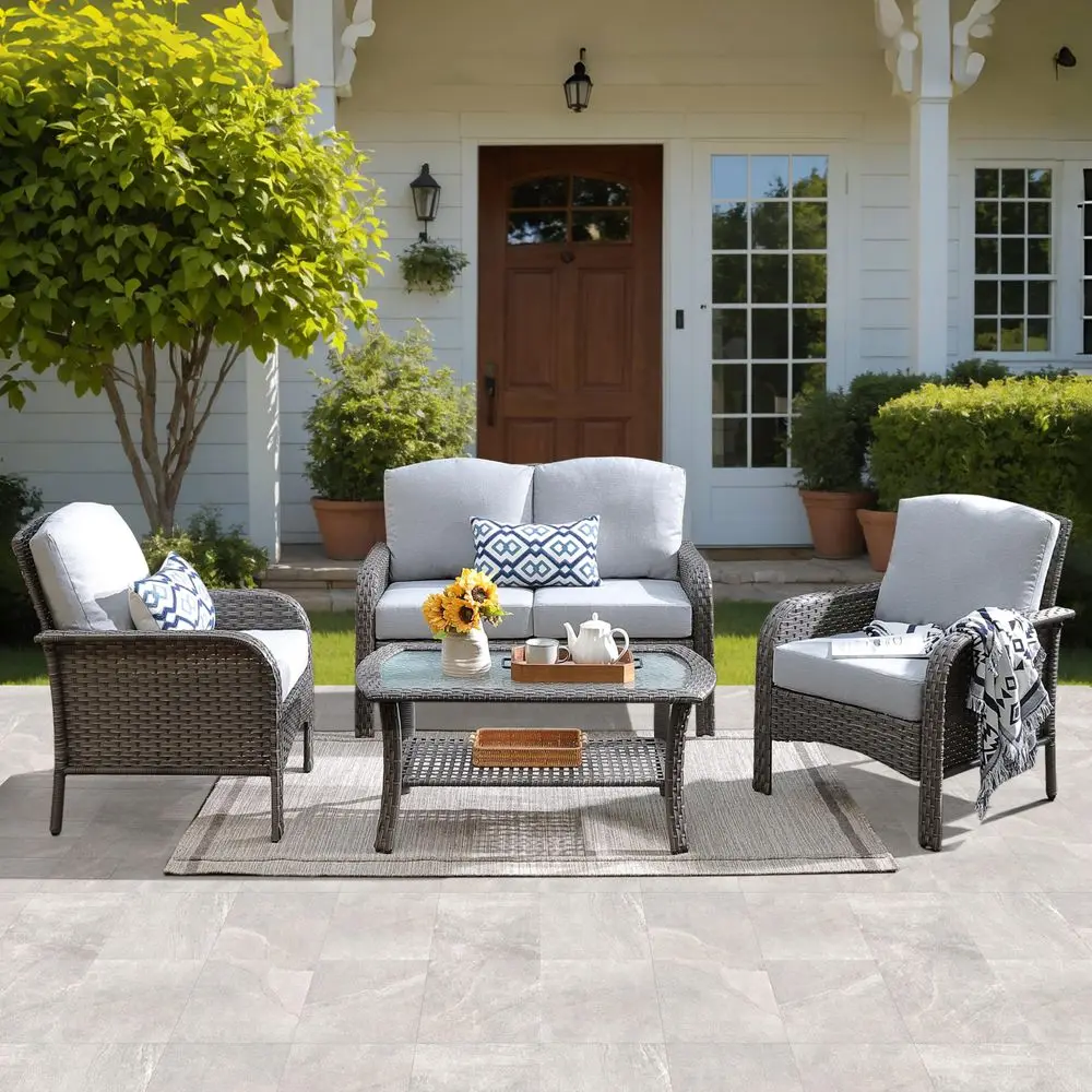 

4Piece Patio Furniture Set, Outdoor Wicker Sofa with Chairs Coffee Table, High Back Rattan Couch Loveseat with Comfy Cushions f