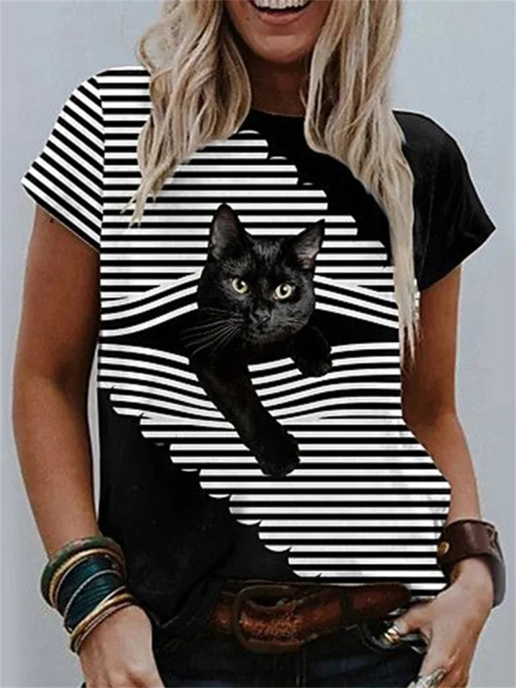 2024 New Fashion Ladies Street Hipster 3D Abstract Cartoon Cat t-shirt Casual a maniche corte O collo allentato Top ad asciugatura rapida 6XL