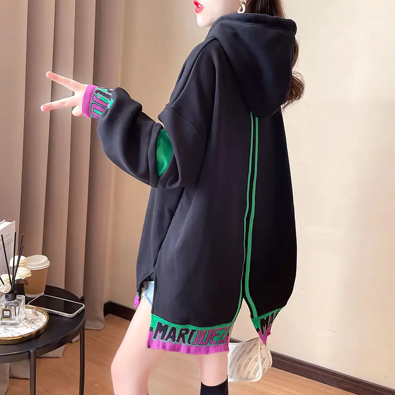 Autumn Winter Korean Loose Printing Hoodies Female All-match Patchwork Long Sleeve Thick T-Shirts Women Clothes Mid Length Top