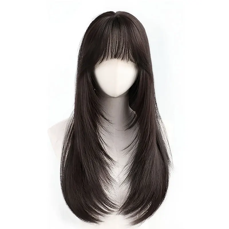 Women's brown wig with bangs, high-layered long straight synthetic hair wig