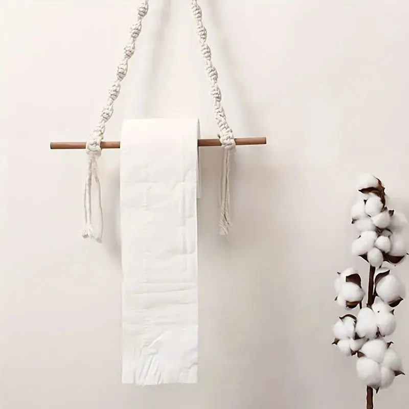 Boho Chic Macrame Toilet Paper Holder with Dowel 40cm Wall-Mounted Self-Adhesive White Woven Fringe for Bathroom Kitchen Bedroom