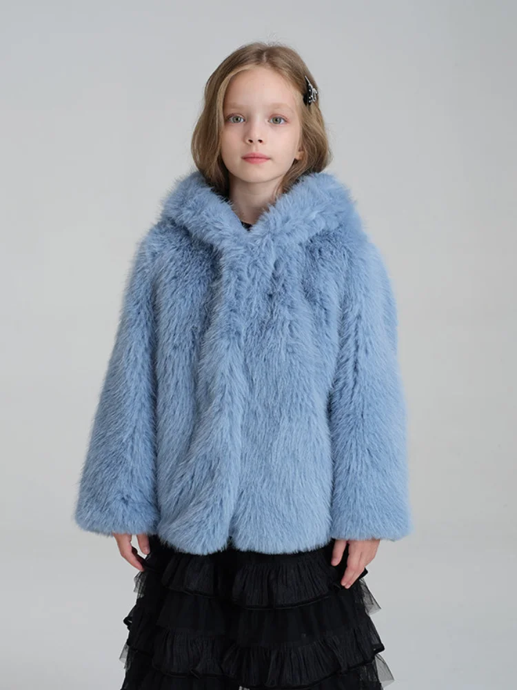 New Girls Faux Fur Coat Winter Hooded Thick Warm Fluffy Kids Jacket Fashion Children Outerwear Christmas New Year Gift Jacket