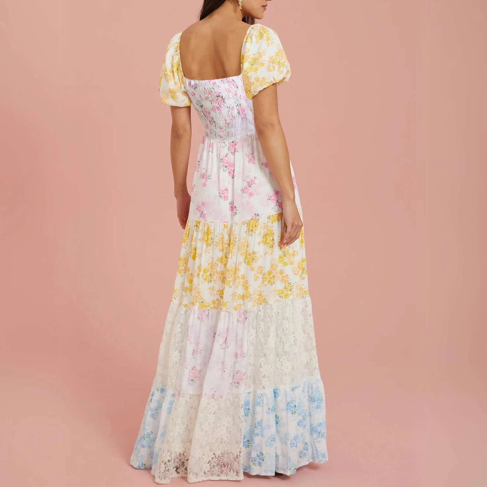 Nieuwe Dames Bloemenprint Lange Jurk Korte Pofmouwen V-hals Hoge Taille Flowy A-lijn Jurk Huidvriendelijk Hot Koop S M L