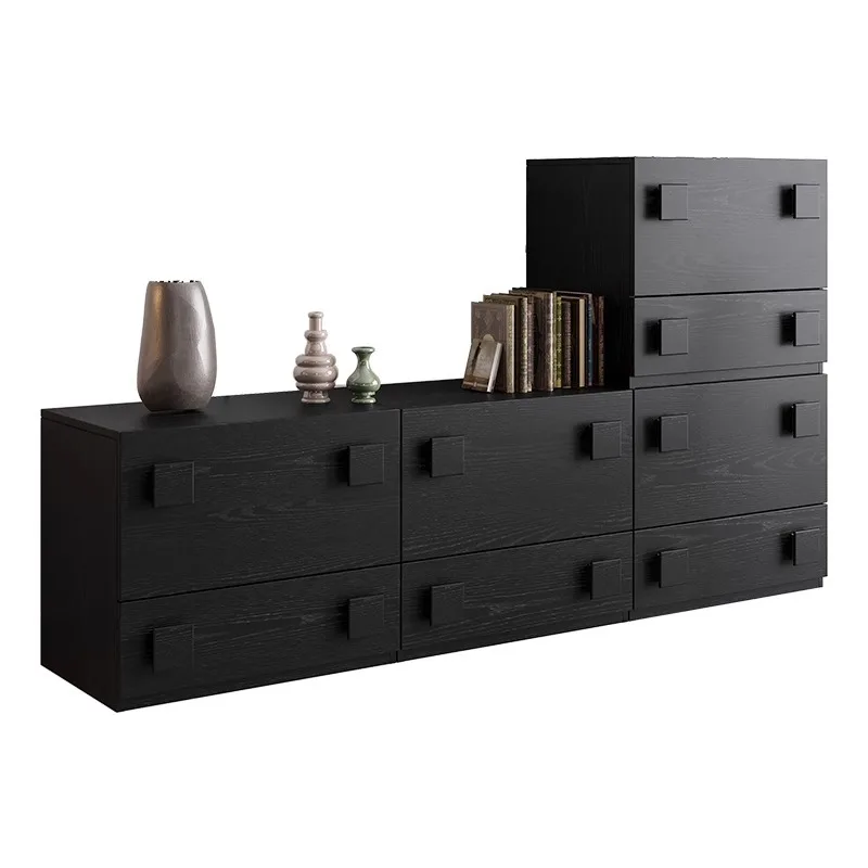 

Light luxury dining side cabinet black antique chest shelf solid wood module combination