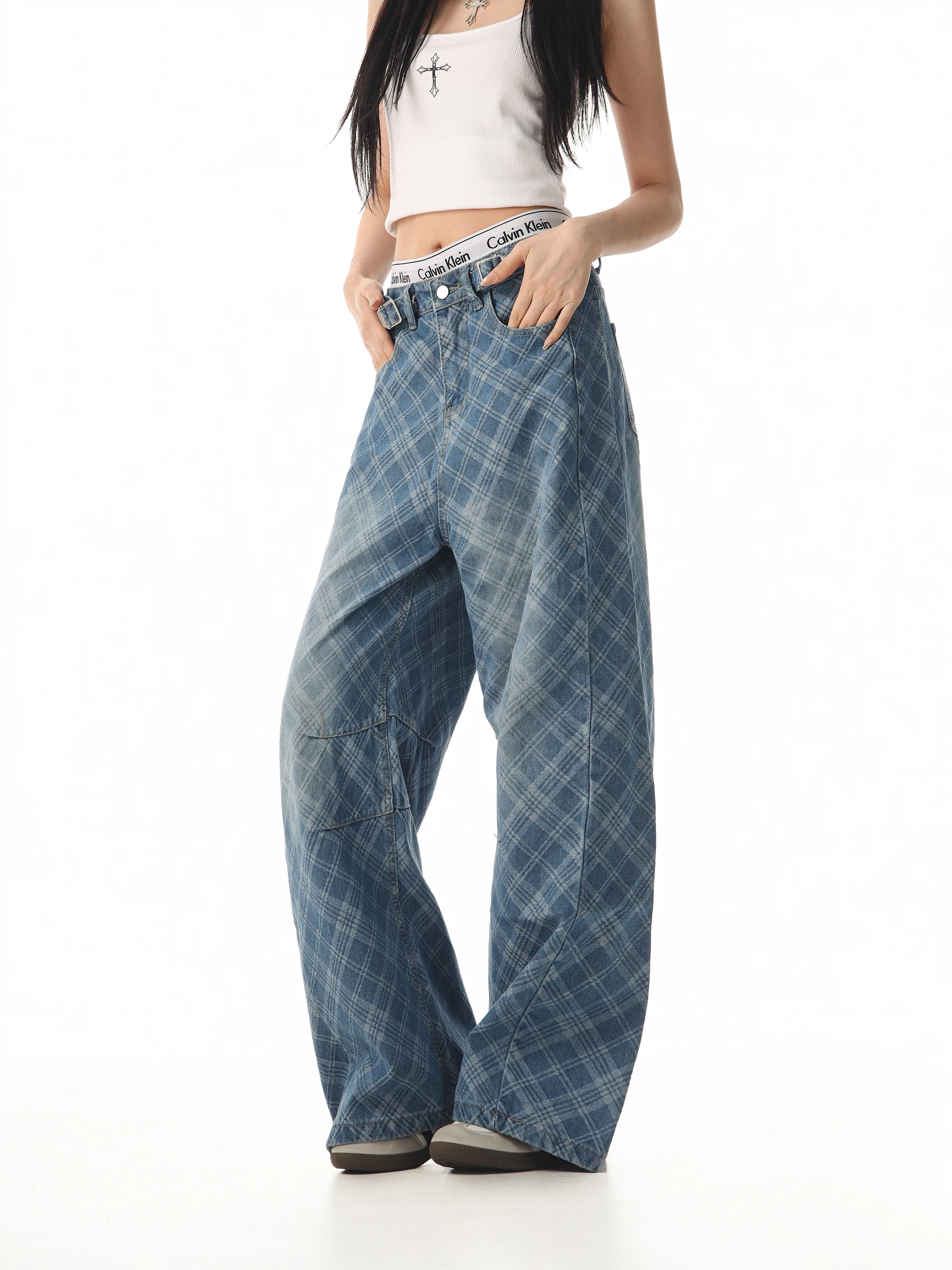 

Retro American Cheered Knife Denim Jeans Women Casual Waed Pleated Long Trousers Trendy Straight Leg Jeans