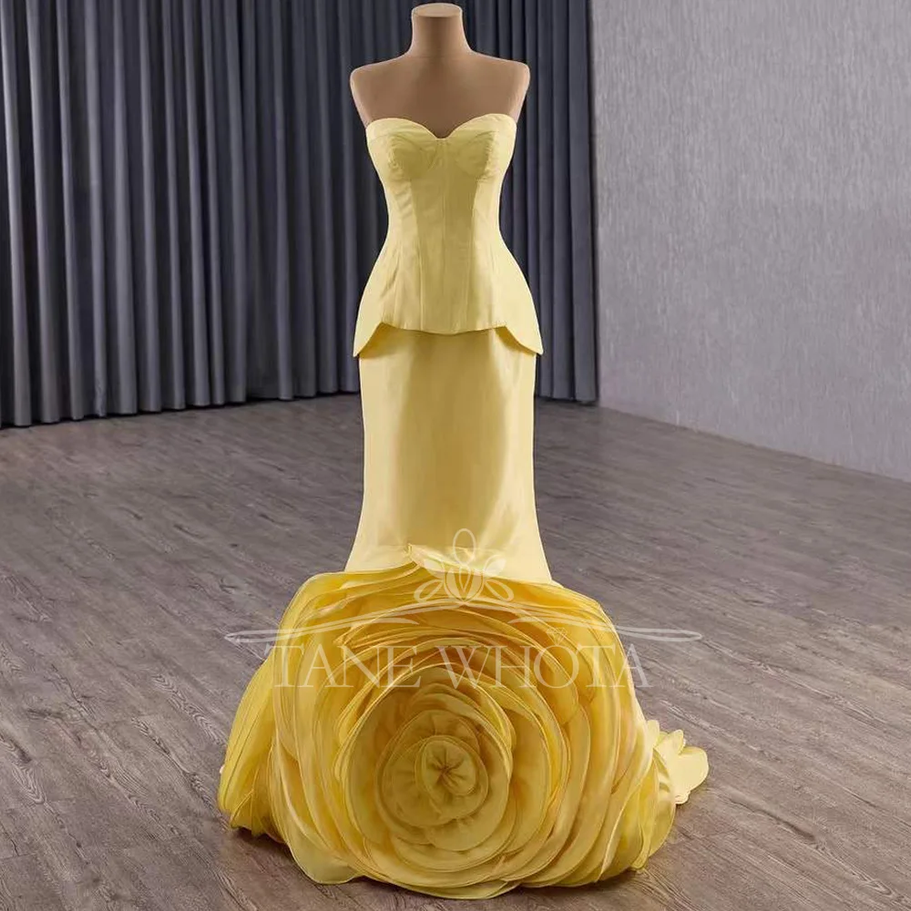Luxury Yellow Sweetheart Sleeveless Evening Dress 3D Flower Lace-Up Back Sexy Sheath Gown Customizable Fit For Women