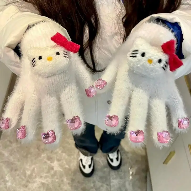 1 쌍 헬로 키티 만화 두꺼운 따뜻한 장갑 귀여운 산리오 플러시 장갑 라인스톤 장식 크리스마스 생일 선물 학생용