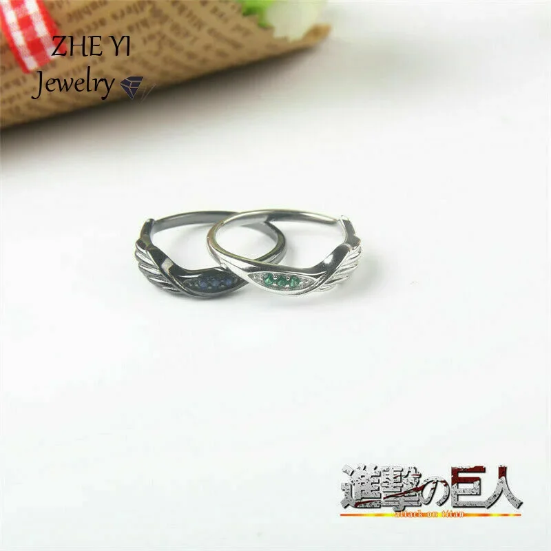 Attack on Titan Eren Jager Levi Open Ring for Men Women Silver/Black Color Blue Green Zirconia Rings Lovers Couple Party Jewelry