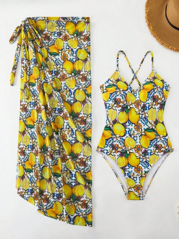 One Piece Swimsuit Women 2025 New Lemon Print Sexy Bodysuit Swimwear Monokini Summer Gauze Skirt Beachwear Bathing Suit Female