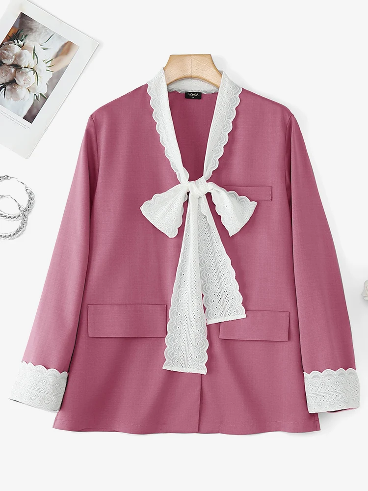 

VONDA женский корейский пиджак с воротником-бабочкой, осенняя верхняя одежда с длинными рукавами, кружевное повседневное свободное модное пальто в стиле пэчворк, элегантный OL-блейзер