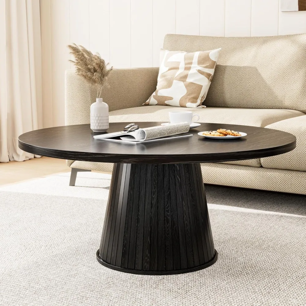 Rustic Mid-Century Modern Round Coffee Table with Fluted Center, 31.5 for Living Room