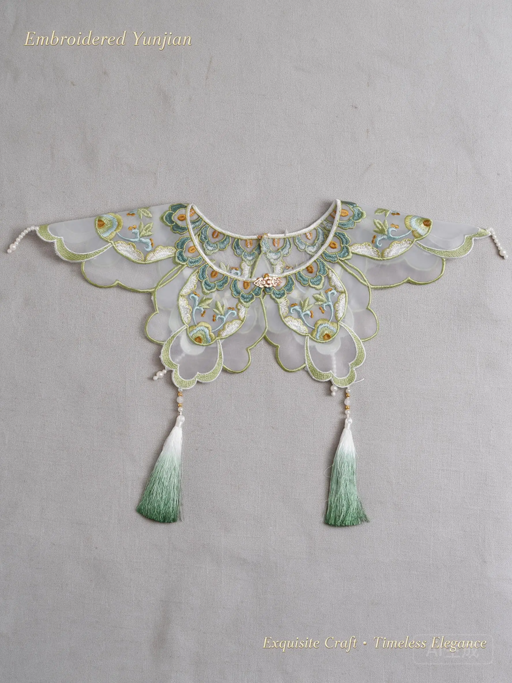 Hanfu Cloud Collar New Chinese Green Embroidered Detachable Fake Collar Pearl Tassels For Women Teens Daily Cosplay Party Wear