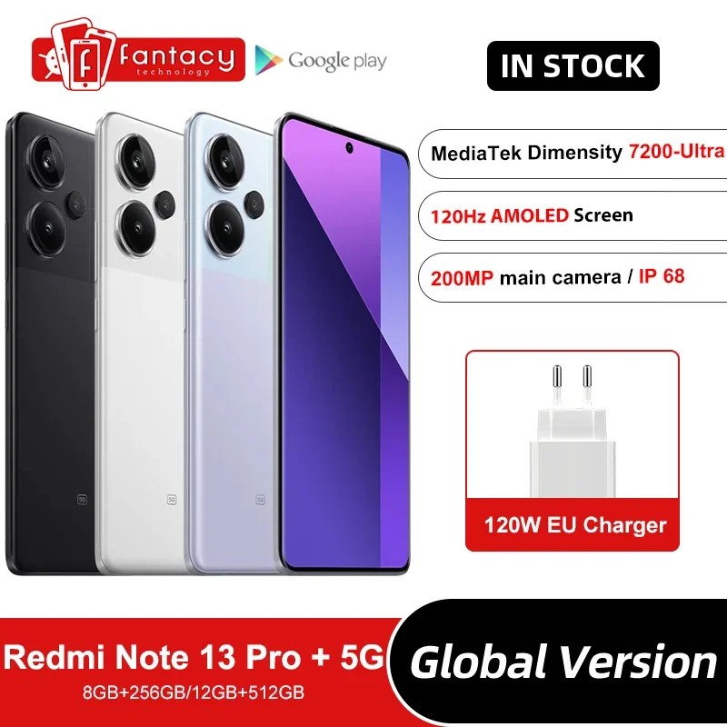 

Xiaomi Redmi Note 13 Pro + 5G Global Version MediaTek Dimensity 7200-Ultra 200MP OIS Camera 120W HyperCharge NFC