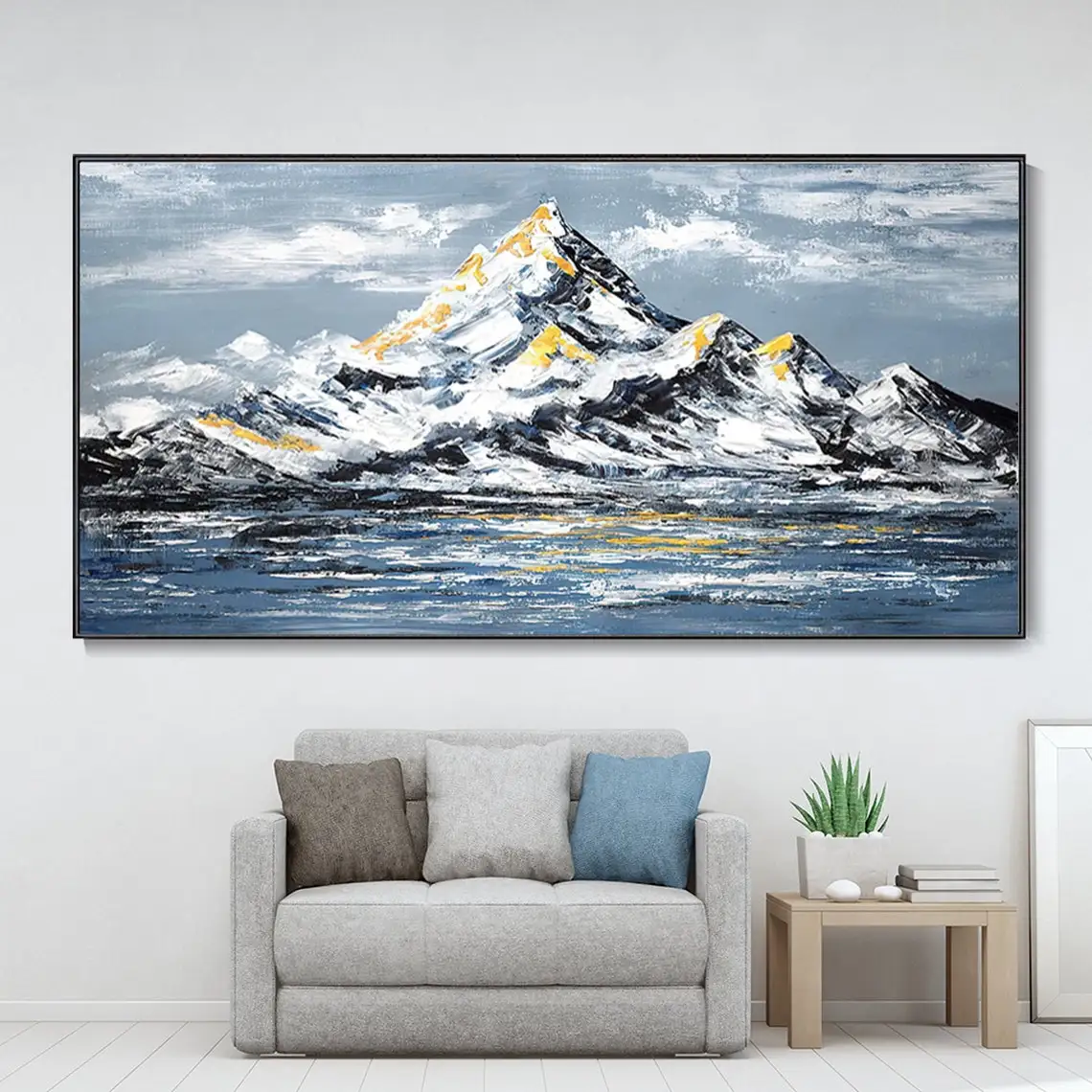 Abstract Snowy Mountain Palette Knife Painting Blue Lake Impasto Texture Painting Original Landscape Wall Decor Hand-Painted Art