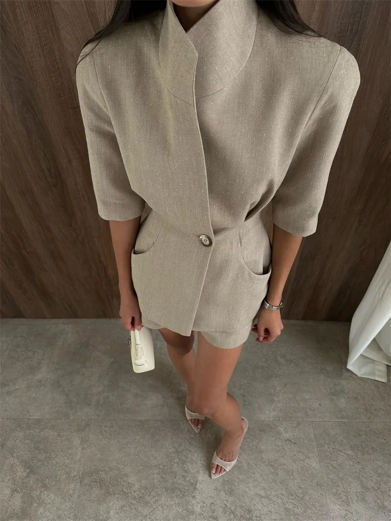 Dark Beige Women Suit Set 2 Piece Blazer+Short Pants Stand Collar Autumn Fall Party Jacket Formal Wedding Guest Birthday Coat image 4
