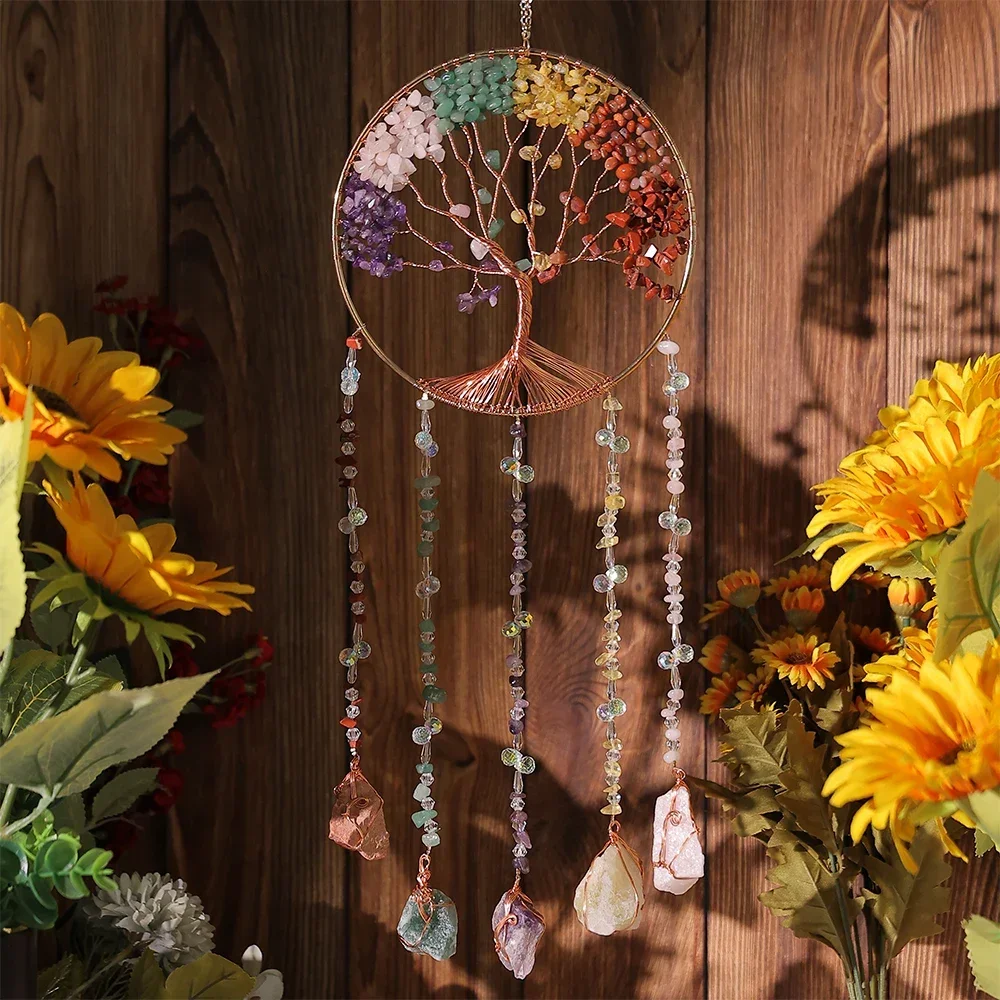 7 Chakra Tree of Life  Moon Dream catchers Crystal Stone Rainbow Natural Gemstones Suncatcher Hanging Home Room Wall Decoration