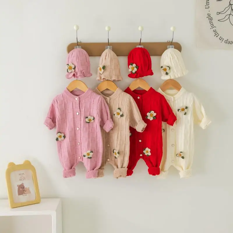 Newborn Infant Toddler Baby Girls Jumpsuit Soft Knit Romper Long Sleeve With a hat Flower Fall Winter Warm Christmas Clothing