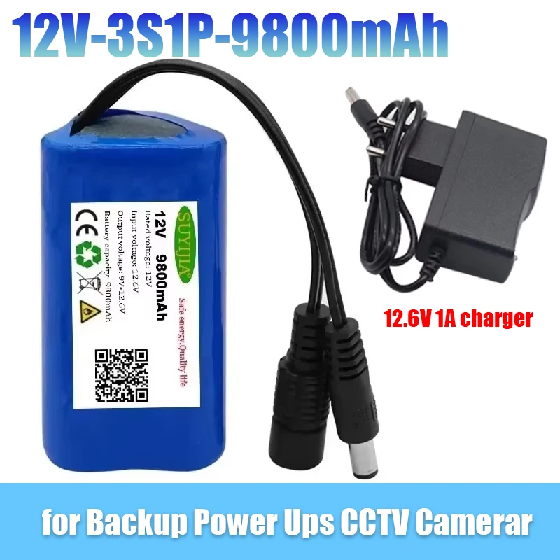 Original 12V Battery Pack 3S1P 18650 9800mAh Lithium-ion Batteries W/ BMS for Backup Power Supply CCTV Cameras+12.6V 1A Charher