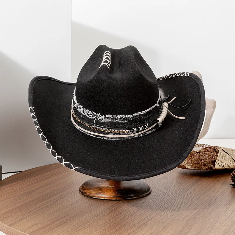 ربيع الخريف قبعة رعاة البقر الغربية للنساء الرجال خمر ورأى قبعة واسعة حافة مع ريشة النمط الغربي حفلة فيدورا #3