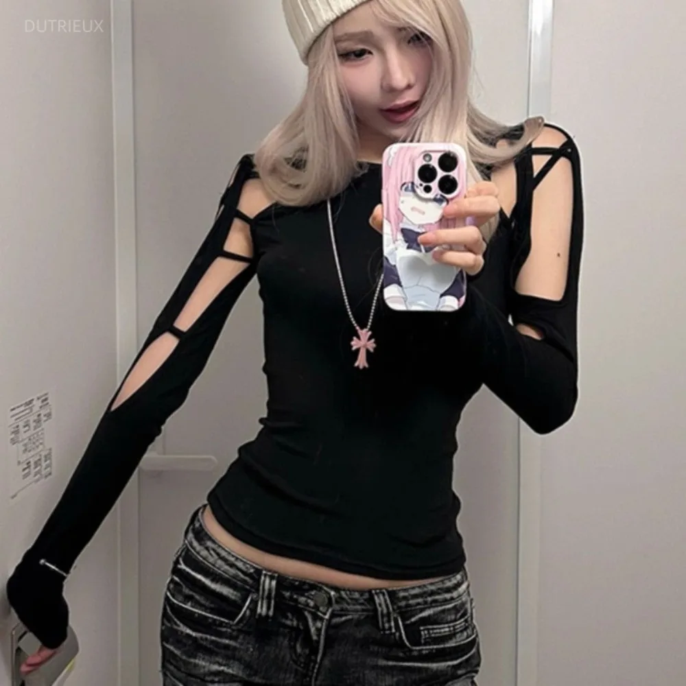 Hole Sexy Spice Girls Moda Ropa Mujer Undershirt Vintage Unique Minority T-shirt Korea Y2K Goth Hollow Out Slim Fit Tops