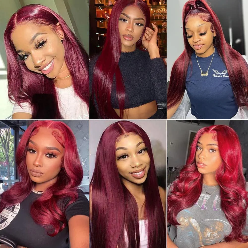 Perruque Full Lace Front Wig naturelle Remy lisse-bordeaux, cheveux humains, 99J, 13x6, perruque Lace Front Wig transparente