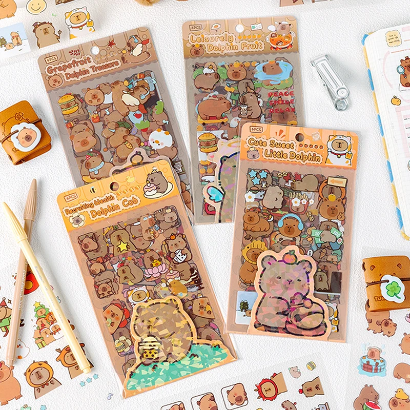 6 Sheets Cute Cartoon Capybara Stickers Transparent Waterproof School Supplies Diary Decoration Stationery