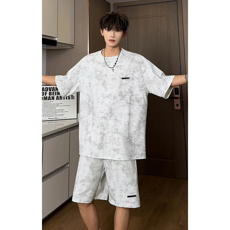 Casual Men's Lounge Wear 2 Piece Set Short Sleeve Tee and Drawstring Sweat Shorts Matching Set Loose Fit Gym Jogging Tracksuit