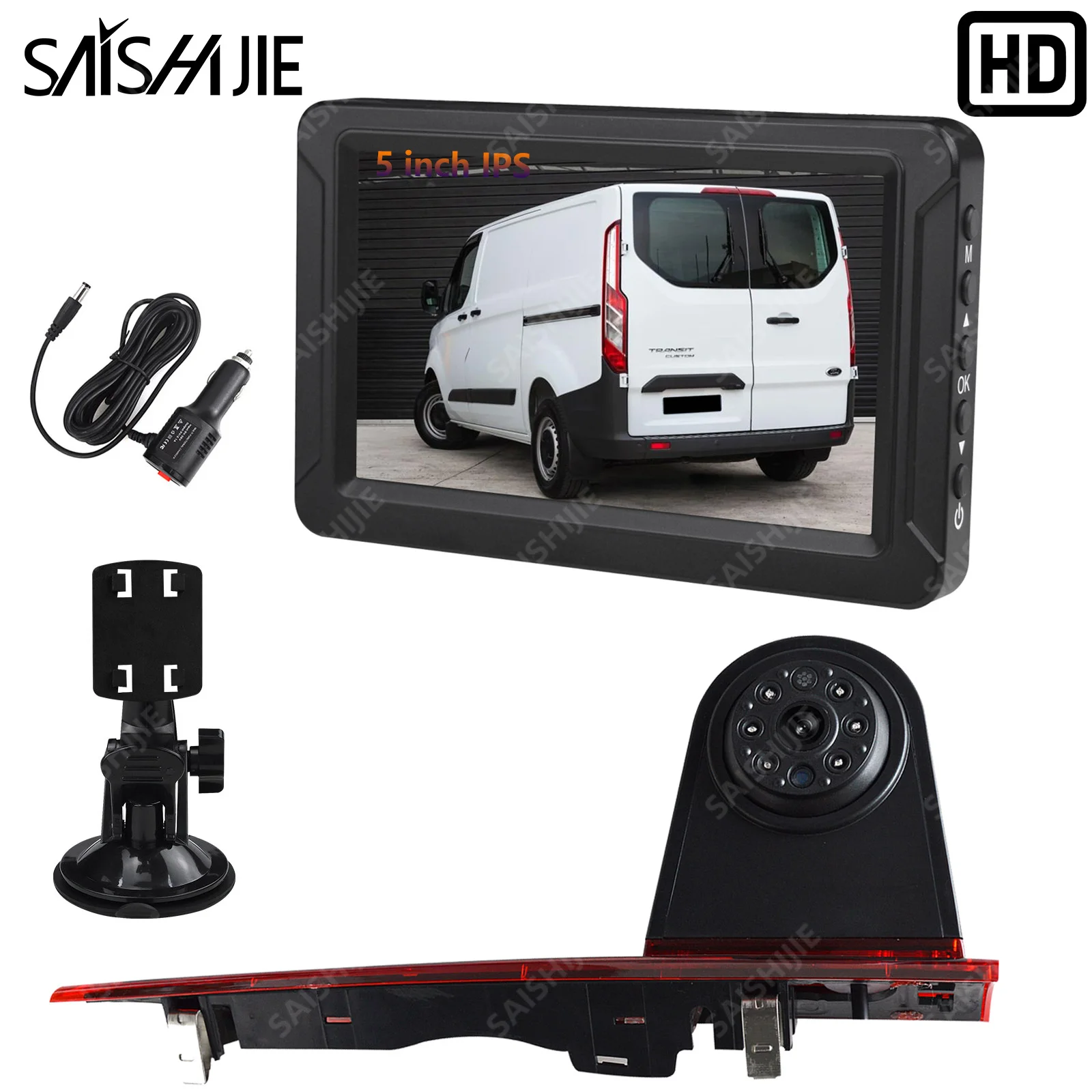 كاميرا عكسية عالية الدقة لضوء الفرامل لسيارة Ford Transit Custom Van 2012- 2015 (إصدار لمبة الباب الحظيرة/القسمة) مع مجموعة مراقبة 5 بوصة