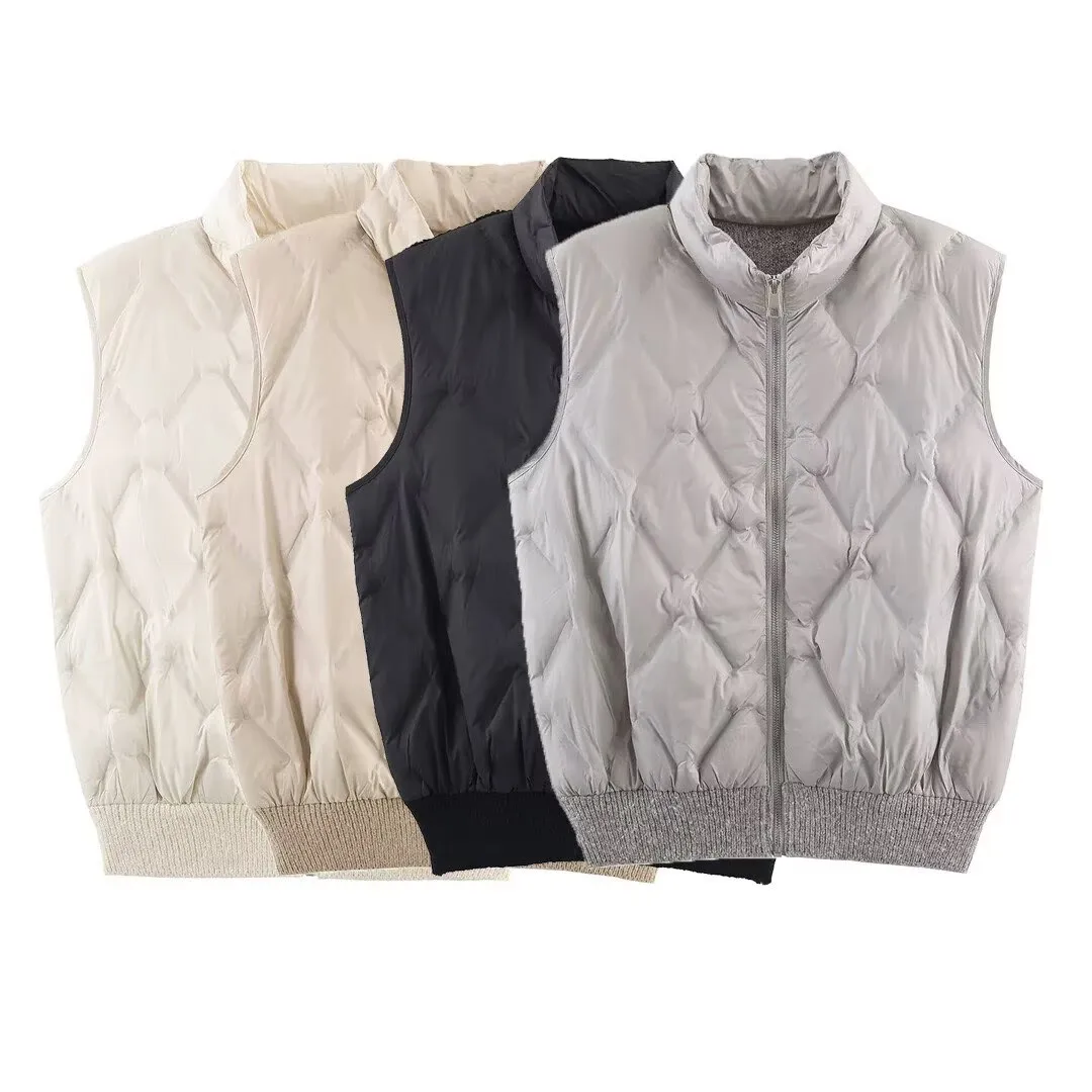 

2026 Модный вязаный полотенце-лоскутный жилет без рукавов с воротником-стойкой и ромбовидной молнией