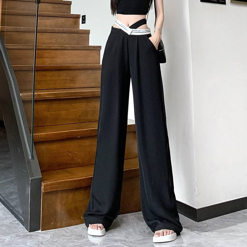 

Summer new high waisted hollowed out letter splicing contrasting color, loose fitting suit, wide leg pants, long pants