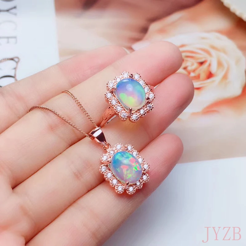 

White/blue/green/purple/orange fire opal ring pendant set, suitable for women