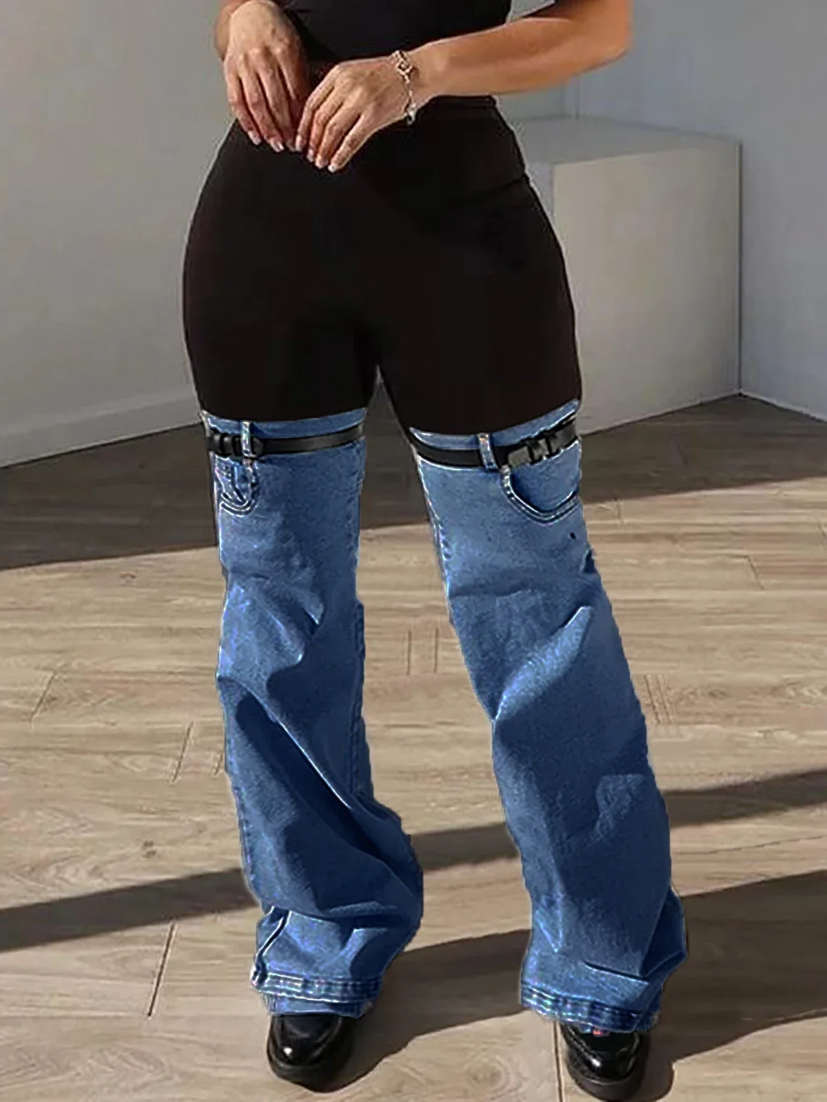 

Женские модные лоскутные брюки с высокой талией, черные облегающие шорты, топ с синей джинсовой накладкой на нижнюю часть джинсов и в стиле панк