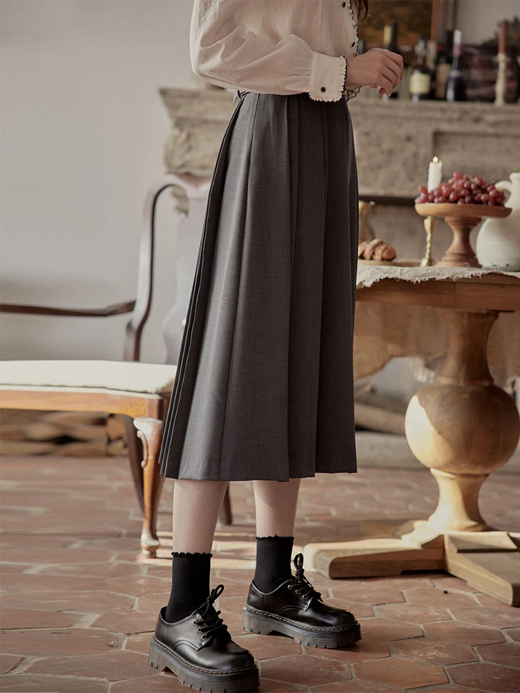 

Cpaia Qia Pi Ya High Waist Pleated Skirt Women's A-Line Skirt Vintage Sle Draped e ey Polyester Blend Fabric