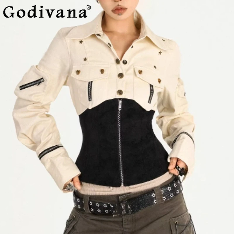 

Spring New Punk Retro Sexy Turn-down Collar Shirt Fashion Women 2026 Versatile Heavy Industry Rivet Splicing Long Sleeve Tops