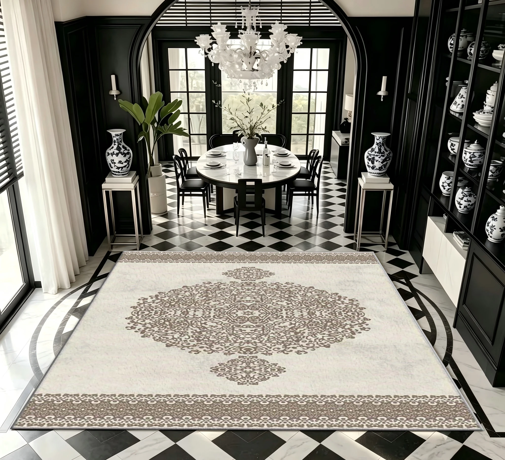 Vintage Medal Pattern Carpet Non-Slip Washable Boho Style Floor Rug Suitable for Living Room Bedroom Home Decoration
