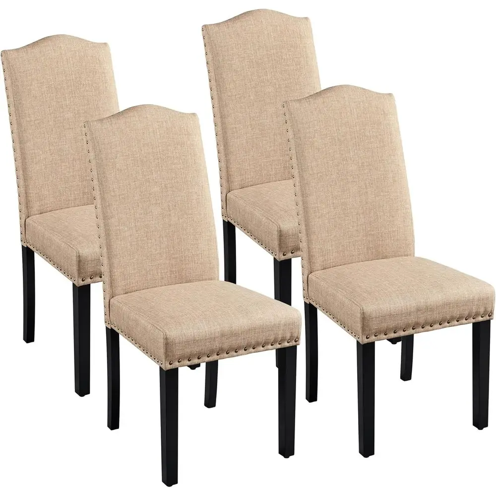 

Set of 4 Upholstered Dining Chairs with Solid Wood Legs, Nail Trims, and Armrests, Khaki Fabric, Suitable for Kitchen, Living Ro