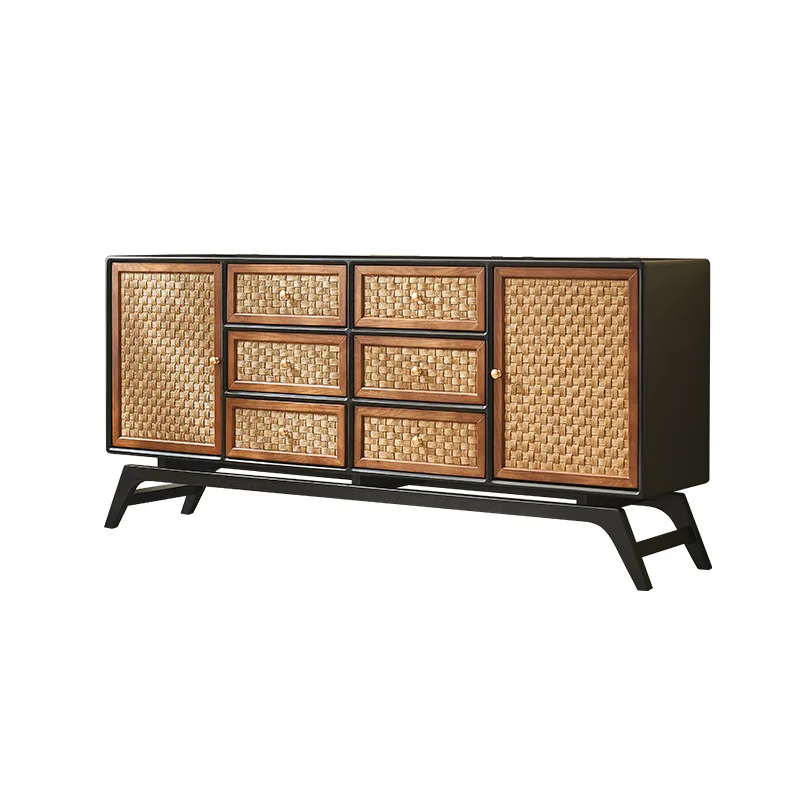 

Medieval wabi-sandy wind solid wood Nordic wind simple storage locker side cabinet hand-woven rattan entrance cabinet