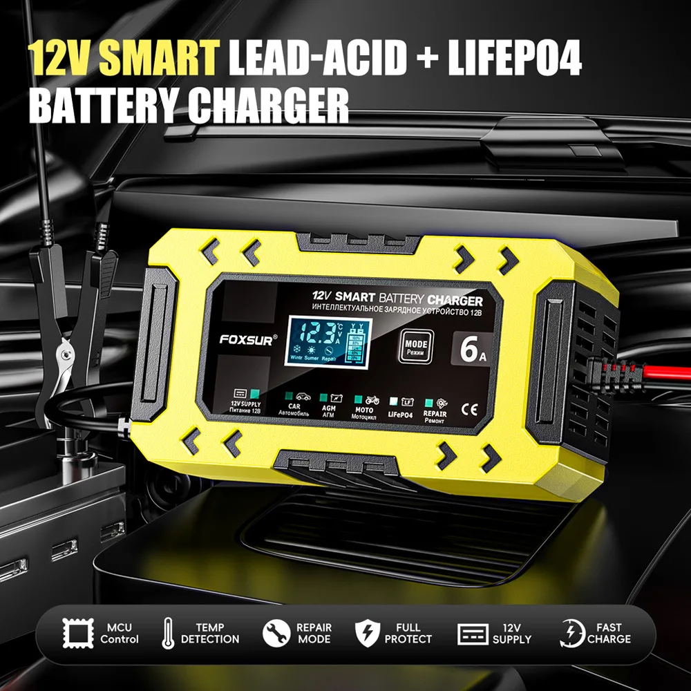 FOXSUR Full Automatic Car Battery Charger 12V 6A Digital Display 10-Stage Battery Charger Power Puls Repair Motorcycle Chargers